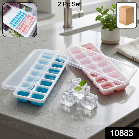Multipurpose Plastic Ice Cube Tray With Lid (Pack Of 2 14 Grid Each)