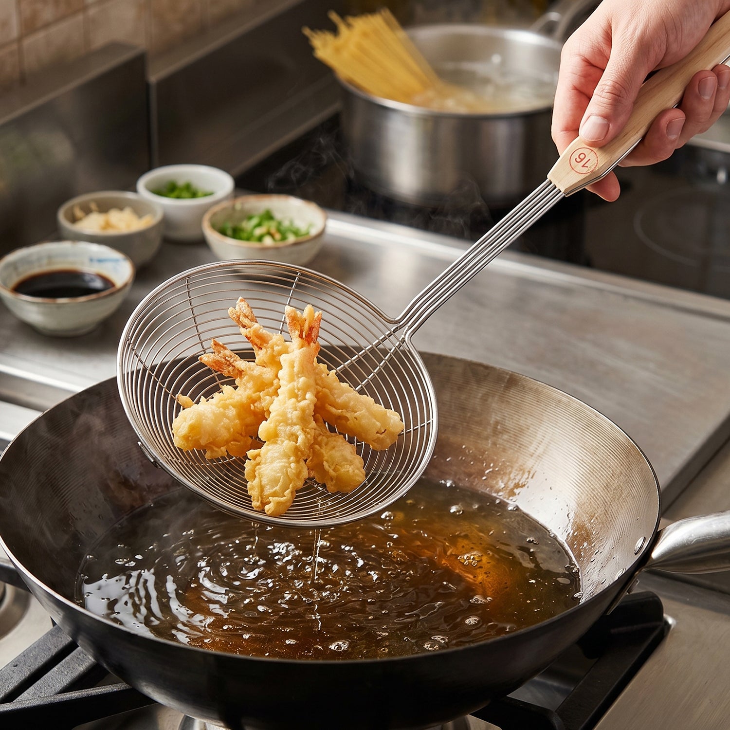 Stainless Steel Frying Skimmer Strainer With Wooden Handle (1 Pc 45 Cm)