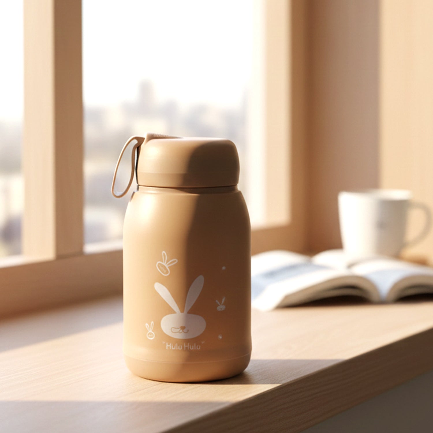 Cute Bunny Print Glass Drinking Brown Bottle (330ml  1 Pc)