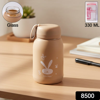 Cute Bunny Print Glass Drinking Brown Bottle (330ml  1 Pc)