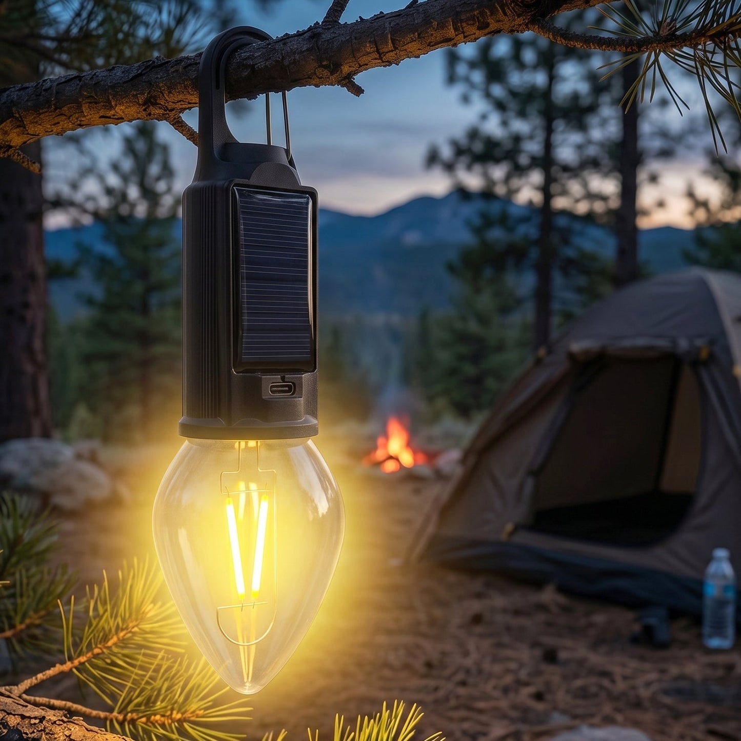 Solar Rechargeable Camping Lamp With Carabiner Clip Warm Led Bulb Light (1 Pc)
