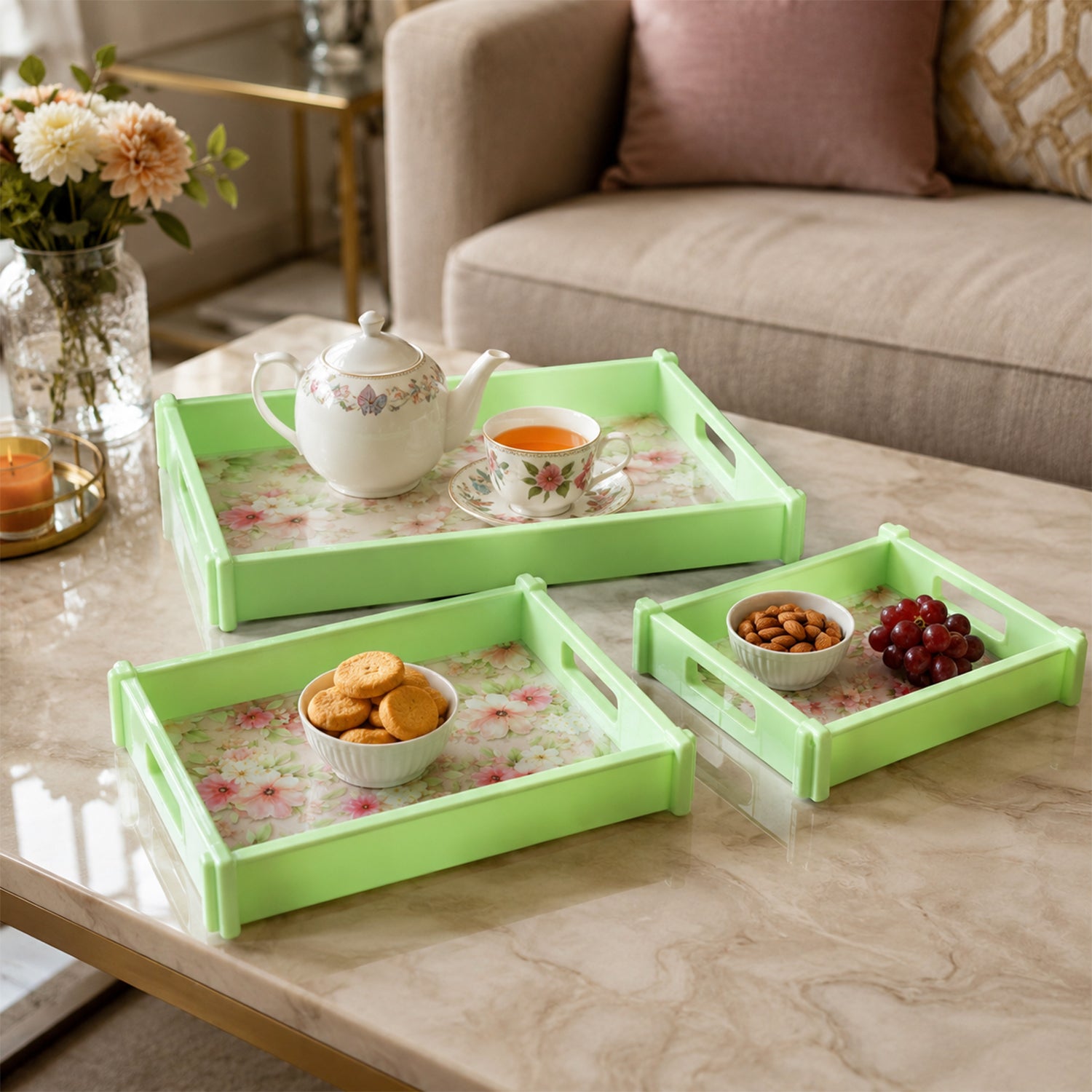 Supermom Floral Printed Multipurpose Serving Tray Set (3 Pc Set)