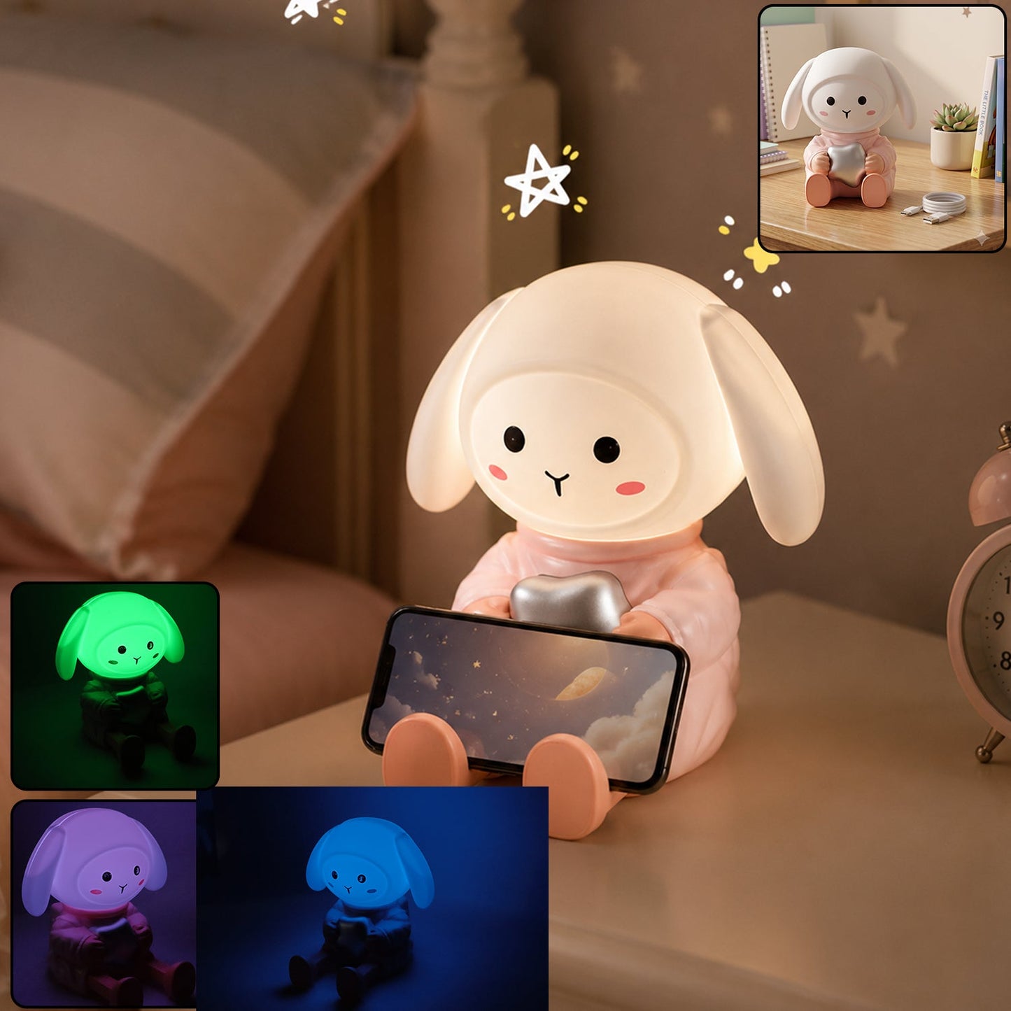 Rabbit Led Night Light With Mobile Phone Stand For Bedroom And Study Table (1 Pc)