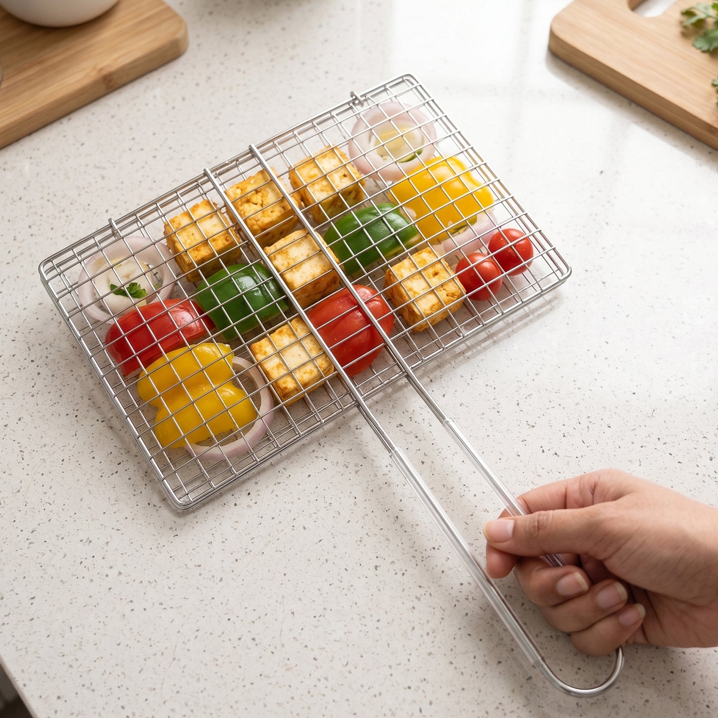 Stainless Steel Bbq Foldable Grill Wire Mesh Jali With Handle (1 Pc)