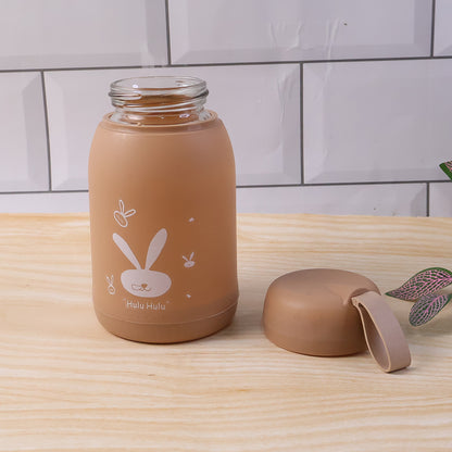 Cute Bunny Print Glass Drinking Brown Bottle (330ml  1 Pc)