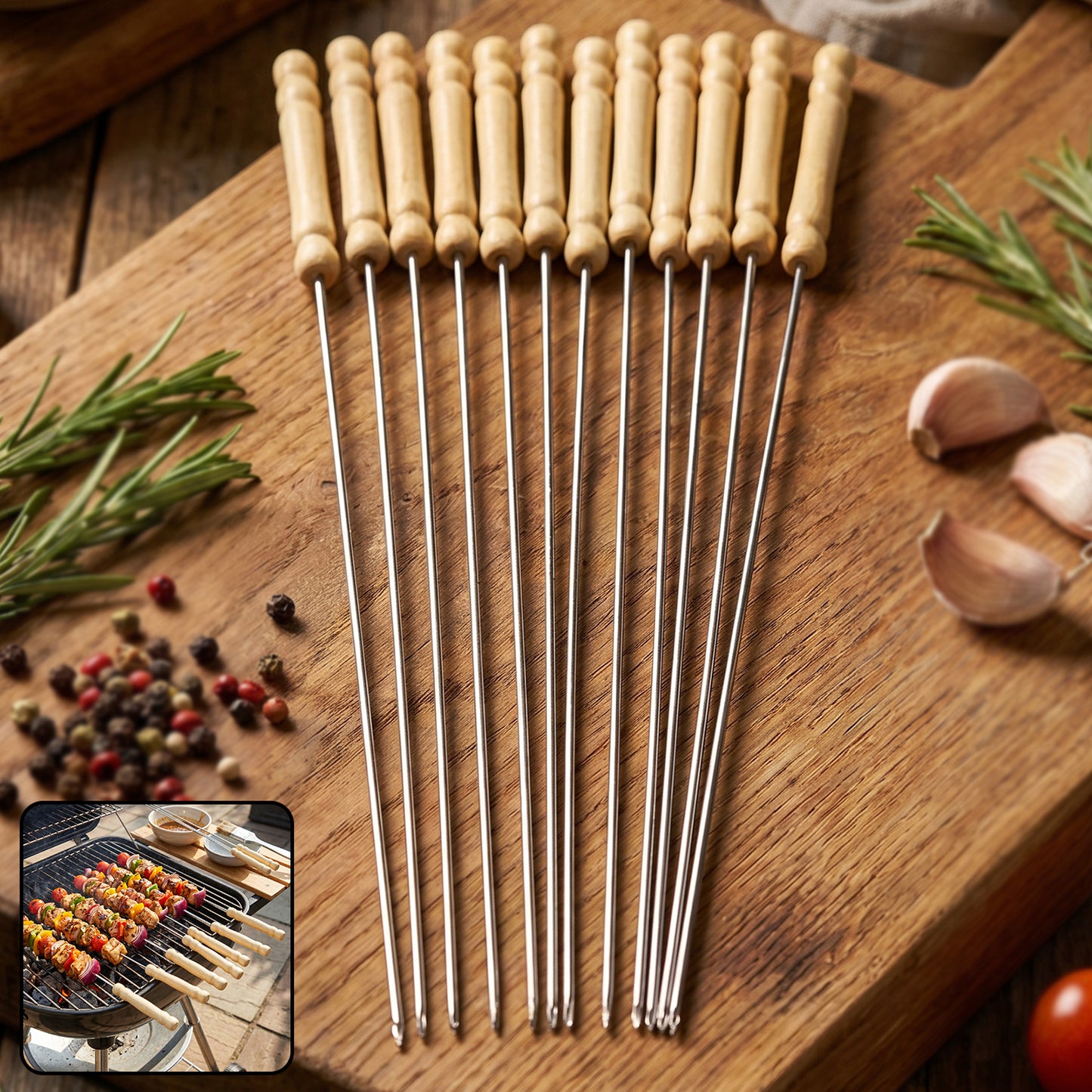 Stainless Steel Bbq Skewers With Wooden Handle (12 Pc)