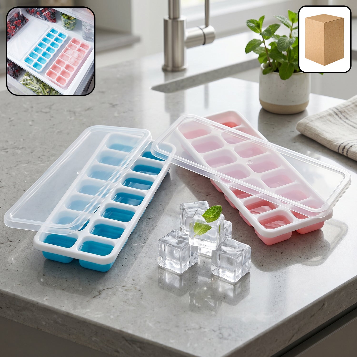 Multipurpose Plastic Ice Cube Tray With Lid (Pack Of 2 14 Grid Each)
