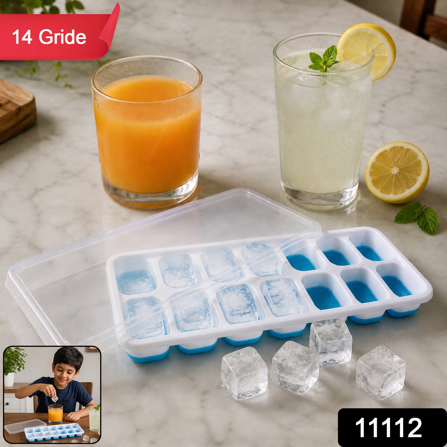 Multipurpose Plastic Ice Cube Tray With Lid (1 Pc 14 Gride)