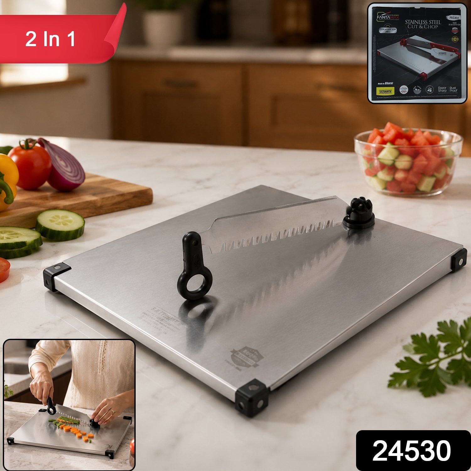 Stainless Steel 2 In 1 Cutting And Chopping Board With Knife For Kitchen (1 Pc)