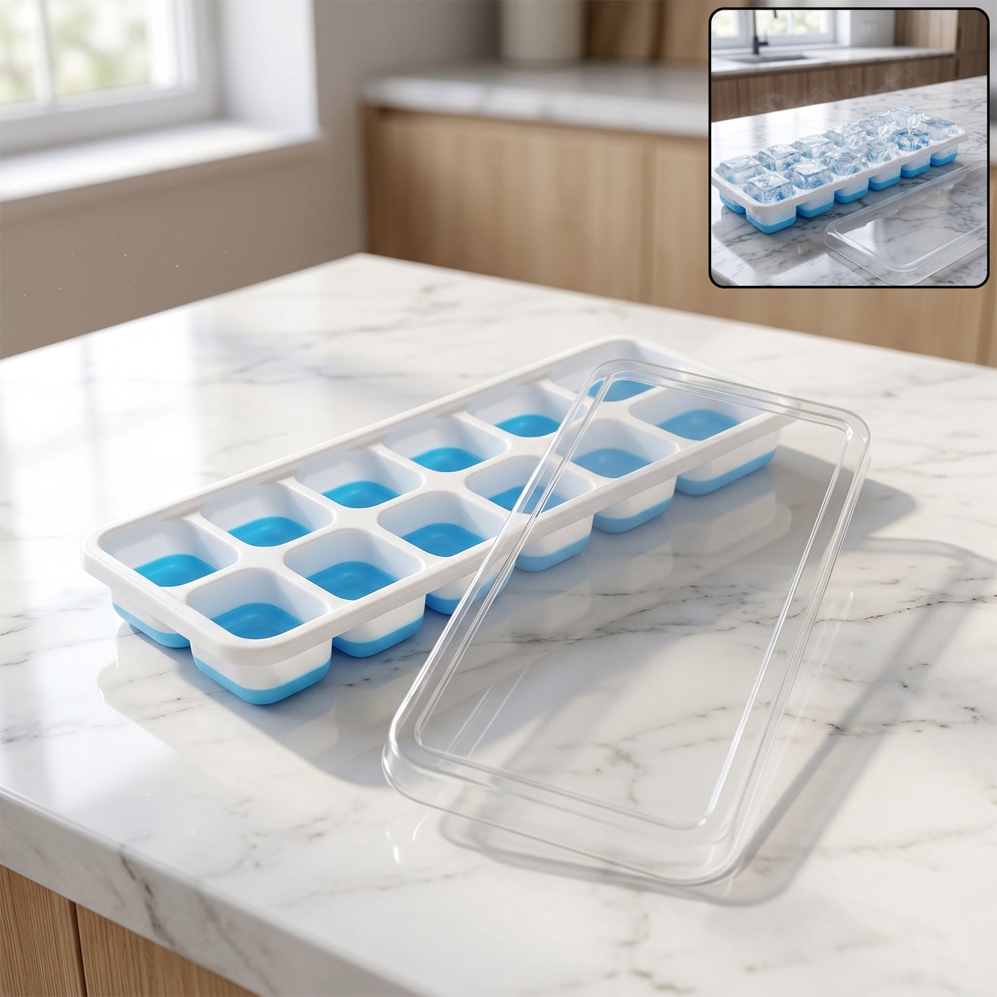 Multipurpose Plastic Ice Cube Tray With Lid (1 Pc 14 Gride  Blue)