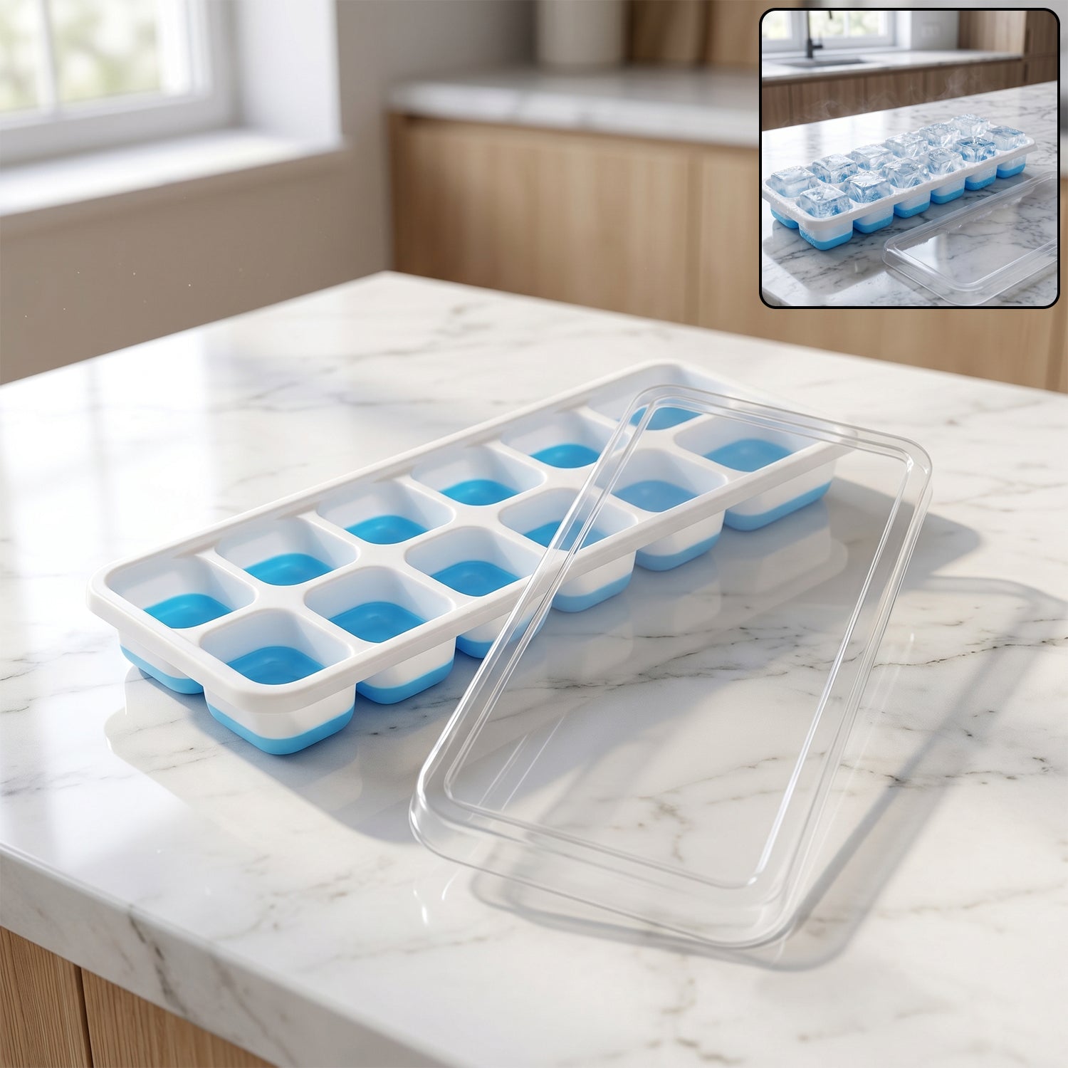 Multipurpose Plastic Ice Cube Tray With Lid (1 Pc 14 Gride  Blue)